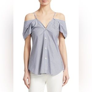 Theory Top Womens Small Blue V-Neck Off Shoulder Hartman Striped Cotton